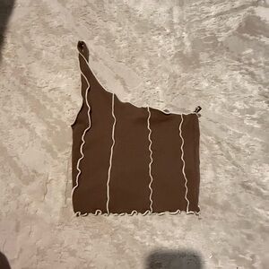 Brown One-Shoulder Top with White Trim